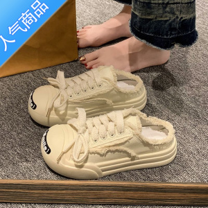 SUNTEK夏季半拖帆布鞋女款2023新款夏款懒人一脚蹬布鞋半托小白鞋配裙子