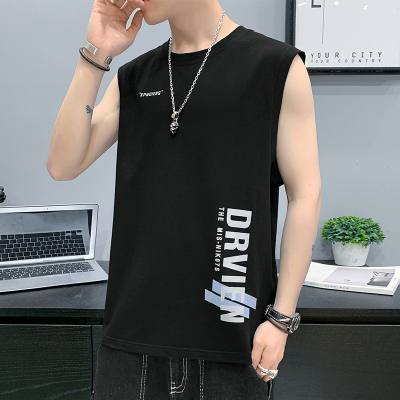 蓝缕金(LANLVJIN)男士背心100纯棉短袖t恤男夏季宽松圆领字母印花上衣服潮流ins学生体恤坎肩2021新款打底衫