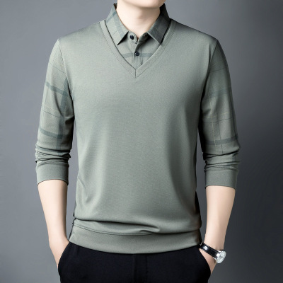 中老年长袖T恤秋季新款假两件打底衫上衣商务休闲印花Polo衫男装