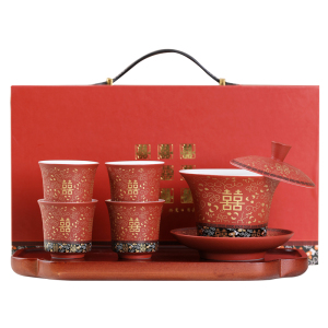 MULTIPOTENT整套功夫茶具套装陶瓷婚庆中国红万花双喜悬停盖碗婚宴喜庆茶具套组