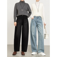 年冬季新款植绒加厚牛仔弯刀裤女高腰宽松香蕉长裤