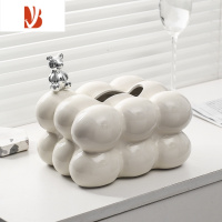 三维工匠冰川陶瓷纸巾盒轻奢家用客厅摆件银色桌面茶几装饰品创意抽纸盒 棉花糖纸巾盒-奶白+小熊