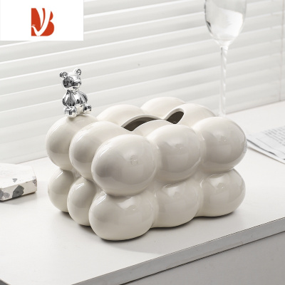 三维工匠冰川陶瓷纸巾盒轻奢家用客厅摆件银色桌面茶几装饰品创意抽纸盒 棉花糖纸巾盒-奶白+小熊