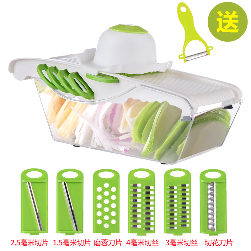 多功能切菜器刨丝器厨房萝卜擦丝器瓜切片器切土豆丝擦菜板 敬平 淡绿色6刀+容器+护手器削皮器/切丝器