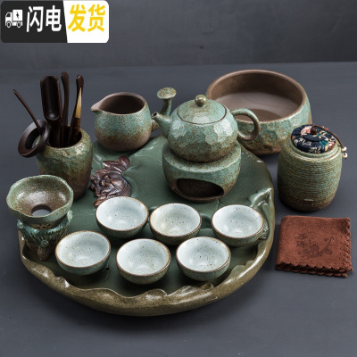 三维工匠禅意功夫茶具套装陶瓷茶盘蓄水茶壶茶杯盖碗家用简约茶具茶道粗陶 西施壶-15头茶具
