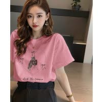 [1.5折价44元]唐狮夏季女圆领前胸图案短袖T恤休闲百搭慵懒风时尚韩系