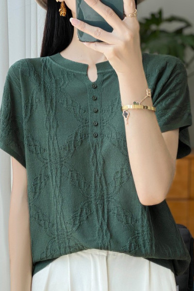 夏季女装新款曲珠冰麻丝短袖女针织衫T恤女圆领背心上衣