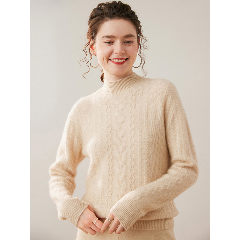 绞花双股厚山羊绒衫女士半高领毛衣秋冬宽松短款纯色打底羊毛衫