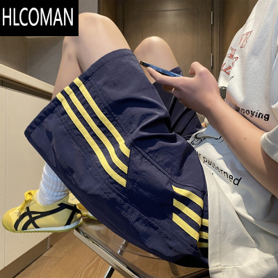 HLCOMAN美式撞色条纹速干短裤男夏季薄款透气五分裤高街痞帅运动风沙滩裤