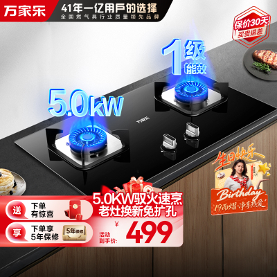万家乐双高火燃气灶 5.0kw大火力 台式嵌入式两用燃气灶双灶 可适配开孔尺寸 钢化玻璃全进风天然气灶JZT-AY4C