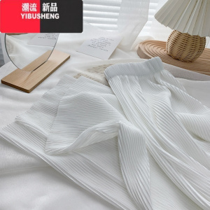 YIBUSHENG垂感净版压褶阔腿裤女宽松直筒拖地长裤休闲百褶冰丝雪纺休闲裤