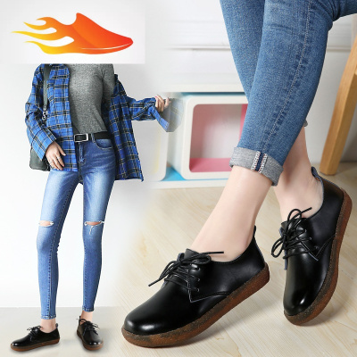 FISHBASKET春季黑色女鞋软底休闲皮鞋女平底防滑圆头牛筋底单鞋女工作鞋