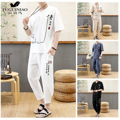 富贵鸟（FUGUINIAO）夏季中国风棉麻套装男复古棉麻短袖t恤古风衣服男装唐装汉服