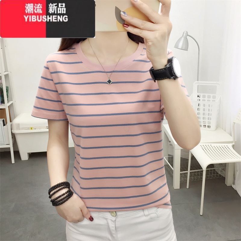 YIBUSHENG胖mm大码宽松显瘦短袖T恤女中年妈妈装条纹遮肚子上衣洋气
