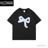 HLCOMAN蝴蝶结格子印花短袖女夏季百搭ins宽松休闲T恤男女