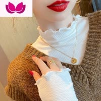 七斓螺纹半高领打底衫女装内搭薄款长袖T恤2022白色木耳边上衣