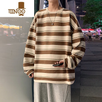 YANXU男士条纹圆领卫衣百搭港风痞帅休闲时尚长袖T恤男新款上衣