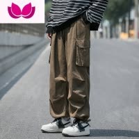 七斓日系工装裤男士夏季薄款潮牌复古抽绳多口袋直筒黑色休闲裤子