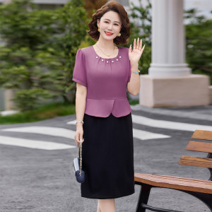 妈妈装连衣裙时尚简约中老年人修身款裙子气质婆婆装短袖夏装裙子