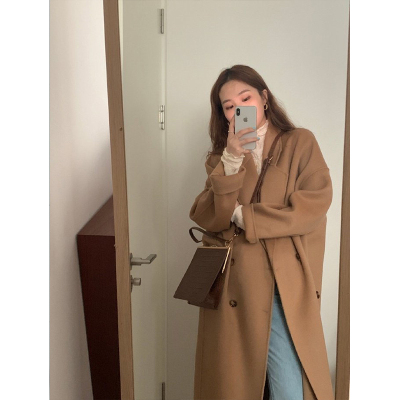 FISHBASKET驼色卡其夹棉加厚呢子赫本风大衣中长款过膝小个子毛呢外套女毛呢外套