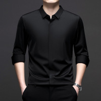 中青新款男士暗襟式衬衫春秋季纯色衬衣长袖翻领时尚休闲打底衫
