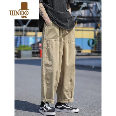 YANXU日系卡其色工装裤男新款夏季薄款宽松直筒阔腿休闲港风潮牌长裤子