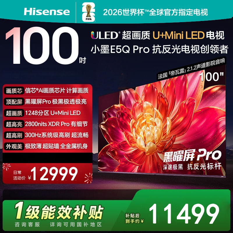 海信电视小墨 100E5Q Pro 100英寸1248分区U+MiniLED信芯芯片极黑抗反光黑曜屏Pro 高刷