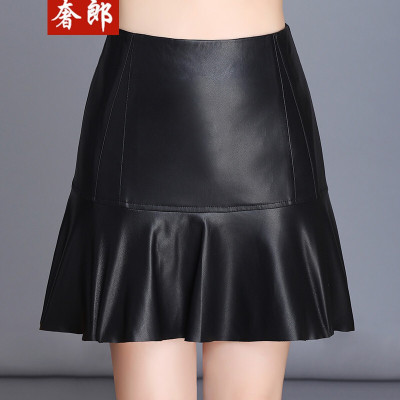 奢郎裙子女2020新款时尚皮短裙高腰显瘦鱼尾裙摆时尚荷叶边皮裙韩版百搭A字型PU皮半身裙荷叶边皮裙1912#