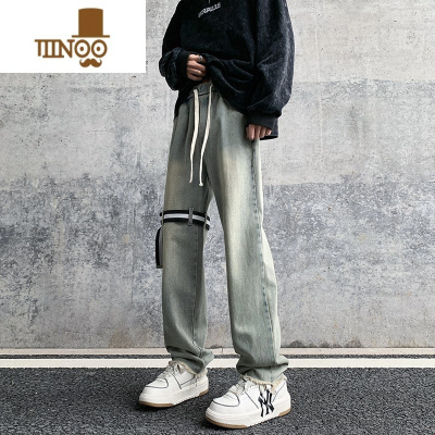 YANXU美式复古水洗做旧牛仔裤男士夏季薄款潮牌高街痞帅直筒毛边长裤子