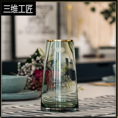 轻奢描金玻璃花瓶透明北欧简约客厅创意餐桌百合插花水培花器摆件三维工匠描金T220（暗夜绿）