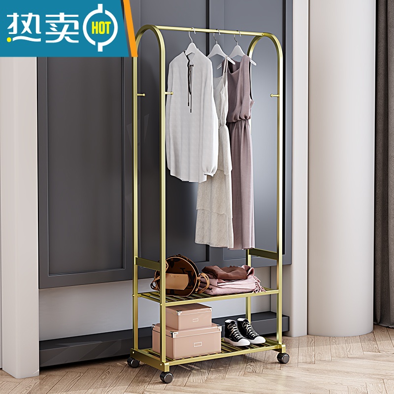 敬平北欧简易网红晾衣架家用衣服架挂衣架 落地 卧室收纳置物架 金色:80*40*170(cm) 升级版带轮子