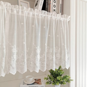 短帘半帘 半遮光式蕾丝纱帘田园风波浪边布艺隔断帘客厅卧室阳台 白色不含杆 均色