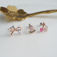 韩国进口耳钉精致交叉蝴蝶结花朵叶子镶钻耳骨钉螺丝拧2024新款送女朋友老婆情人节七夕生日礼物
