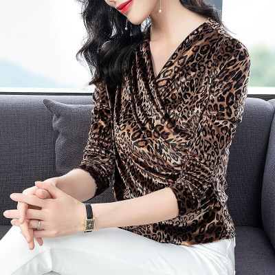 迪鲁奥（DILUAO)2021年秋季装新款时尚百搭V领豹纹直筒型袖上衣F5457金色豹纹M