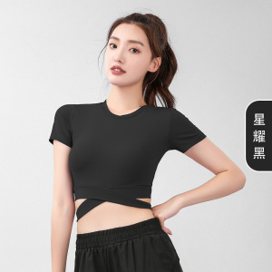 蜜桃露脐交叉短袖夏季修身缝瑜伽服高腰紧身健身上衣女
