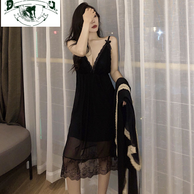 HLCOMAN加肥加大码睡衣女春秋带胸垫冰丝胖mm蕾丝性感吊带睡裙两件套睡裙