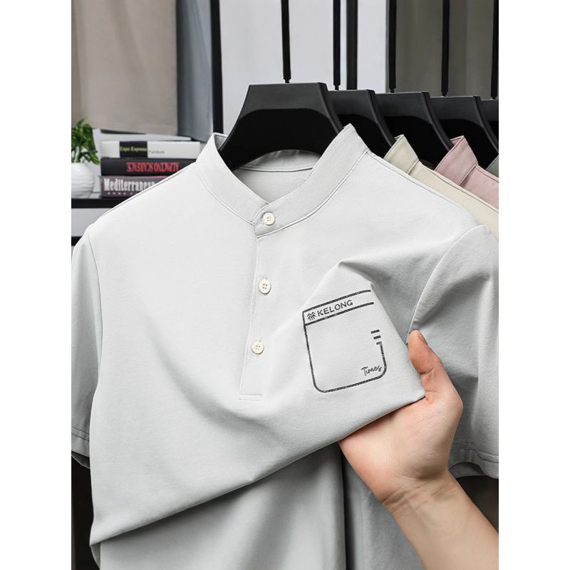夏季短袖POLO衫男纯色立领休闲T恤男中年宽松透气爸爸装打底上衣