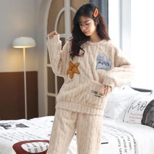 啄木鸟新款珊瑚绒睡衣女加绒加厚冬季休闲家居服保暖套装女可外穿