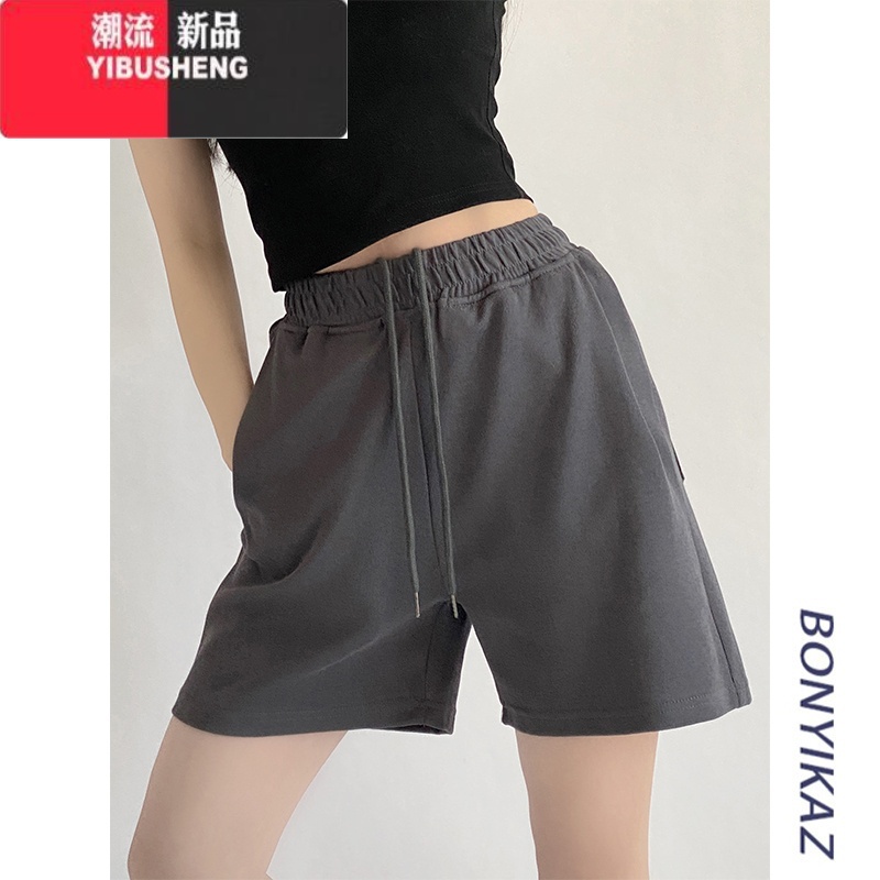 YIBUSHENG街头辣妹灰色运动短裤女遛弯显瘦中裤松紧腰宽松休闲直筒五分裤潮