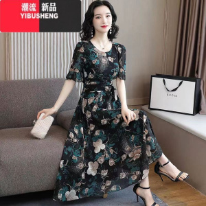 YIBUSHENG短袖雪纺连衣裙女新款季收腰显瘦修身气质长款碎花大码a字长裙