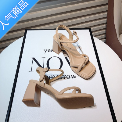 SUNTEK裸色高跟鞋女2023夏季新款网红法式小众方头一字扣带粗跟露趾凉鞋