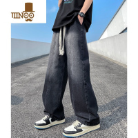 YANXU高街美式水洗做旧渐变色牛仔裤男款宽松直筒抽绳松紧腰阔腿长裤子
