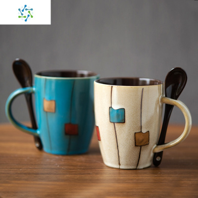 创意陶瓷杯复古个性潮流马克杯日式简约杯子咖啡杯家用水杯带盖勺三维工匠