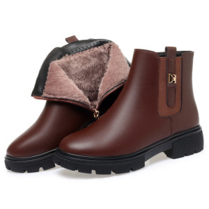 妈妈鞋棉鞋女冬新款皮靴粗跟短靴软底中跟加绒女士靴子中老年皮靴