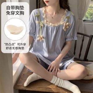 睡衣女夏天可外穿2026新款薄款短袖夏季带胸垫宽松学生家居服套装