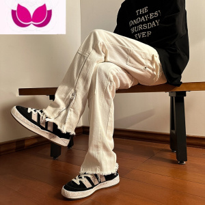 七斓美式复古裤子男士2023新款小众设计感潮牌宽松直筒微喇牛仔裤