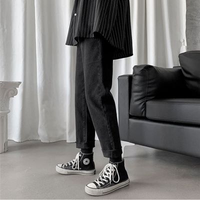 珂卡慕(KEKAMU)港风牛仔裤男士春韩版潮流九分裤学生宽松水洗潮牌直筒裤子男959黑色S