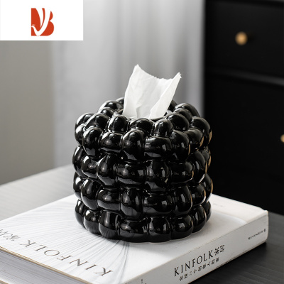 三维工匠棉花糖北欧陶瓷纸巾盒抽纸盒家用客厅茶几收纳装饰餐巾纸盒纸抽盒 圆形棉花糖纸巾盒-黑色