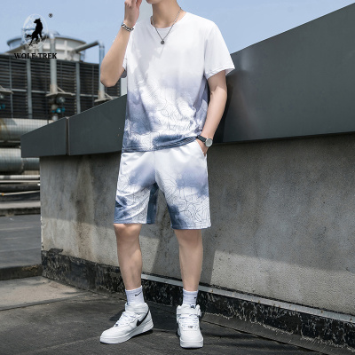 七匹狼国际公司授权WOLFTREK-2021夏季男士新款休闲中国风印花套装时尚圆领大码短袖短裤两件套