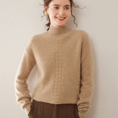 秋冬新款软糯山羊绒衫女半高领加厚纯色绞花宽松显瘦针织打底毛衣